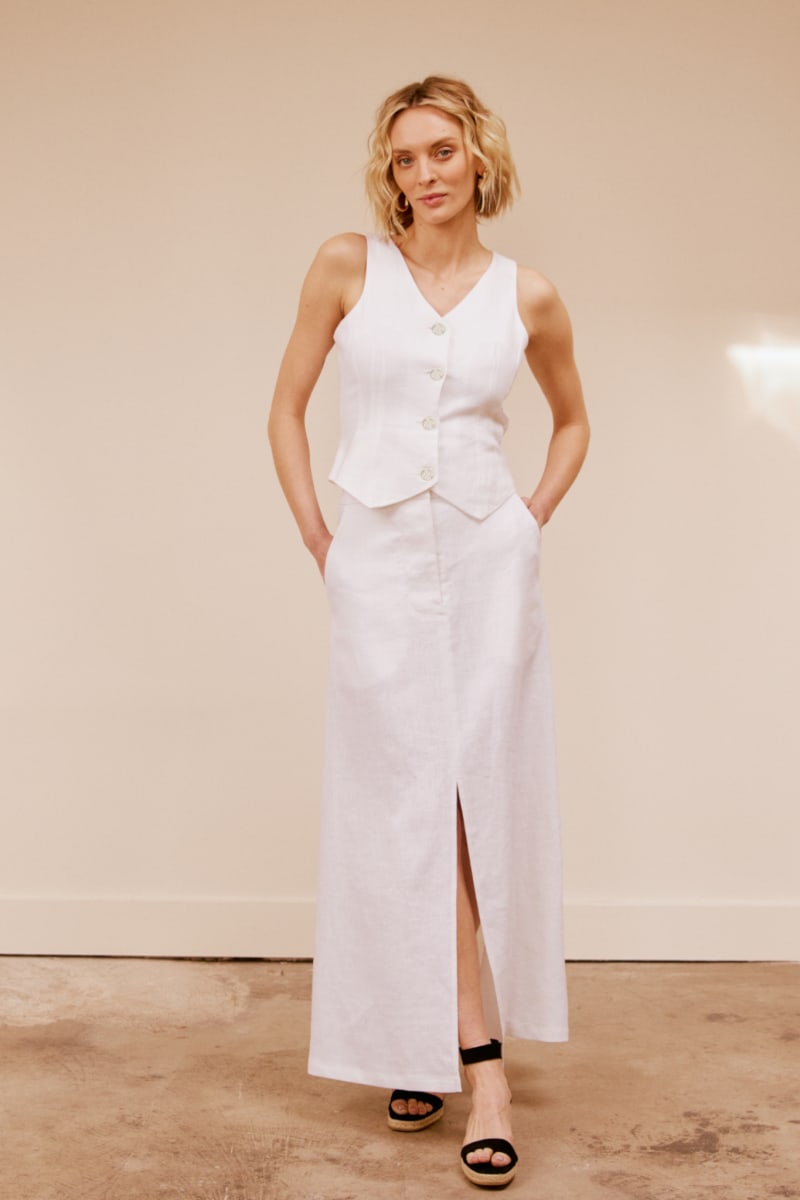 Slit Front Linen Maxi Skirt - White